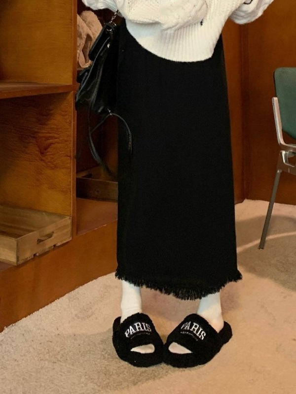 2026 Autumn And Winter New Tassel Knitted Half-Dress Woman Thick Medium Long A Skirt Open Fork Hair Bag Long Skirt