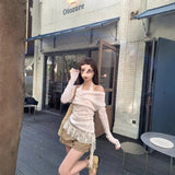 Summer New Hottie Suit Women Long Sleeve Knitted Jersey Jersey T-Shirt + Lace Inside Vest Two Sets