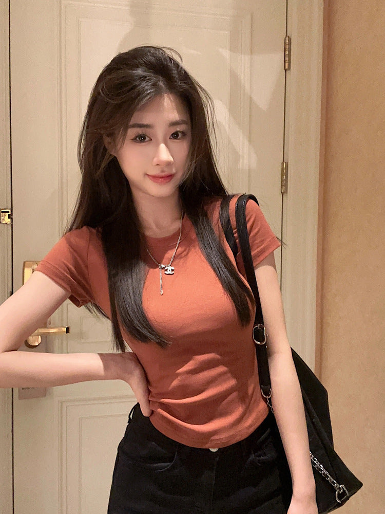 Solid Color Bottom Slim Short-Sleeved T-Shirt Women Summer Tide New Thin Short-Sleeved Top Woman