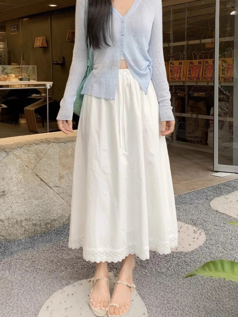 Taticoat White Sweet Lace Anti-Walking Splicing Skirt Spring New Lace Splicing Tight Skirt
