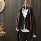 Autumn Literary And Art Collar Loose Solid Cotton Knitted Cardigan Women's Leisure Single-Dcupuncture Short Sweater Jacket
