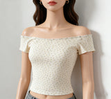 Sexy Pure Lust Thread Word Shoulder Broken Flower Slime Shoulder Short-Sleeved T-Shirt Girl Summer Hottie Thin Bottom Topess Female T