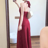 French Retro Sweetheart V-Neck Red Wave Dot Hanging Neck Dress Women's Summer Bare Back Strap With Sleeveless Vest Dress