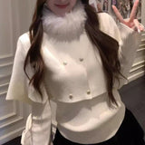 KANING New Year Red Sweater Furry Collared Woman Winter Cloak Shawl Long-Sleeved Bottom Knitted Two Sets Of Women