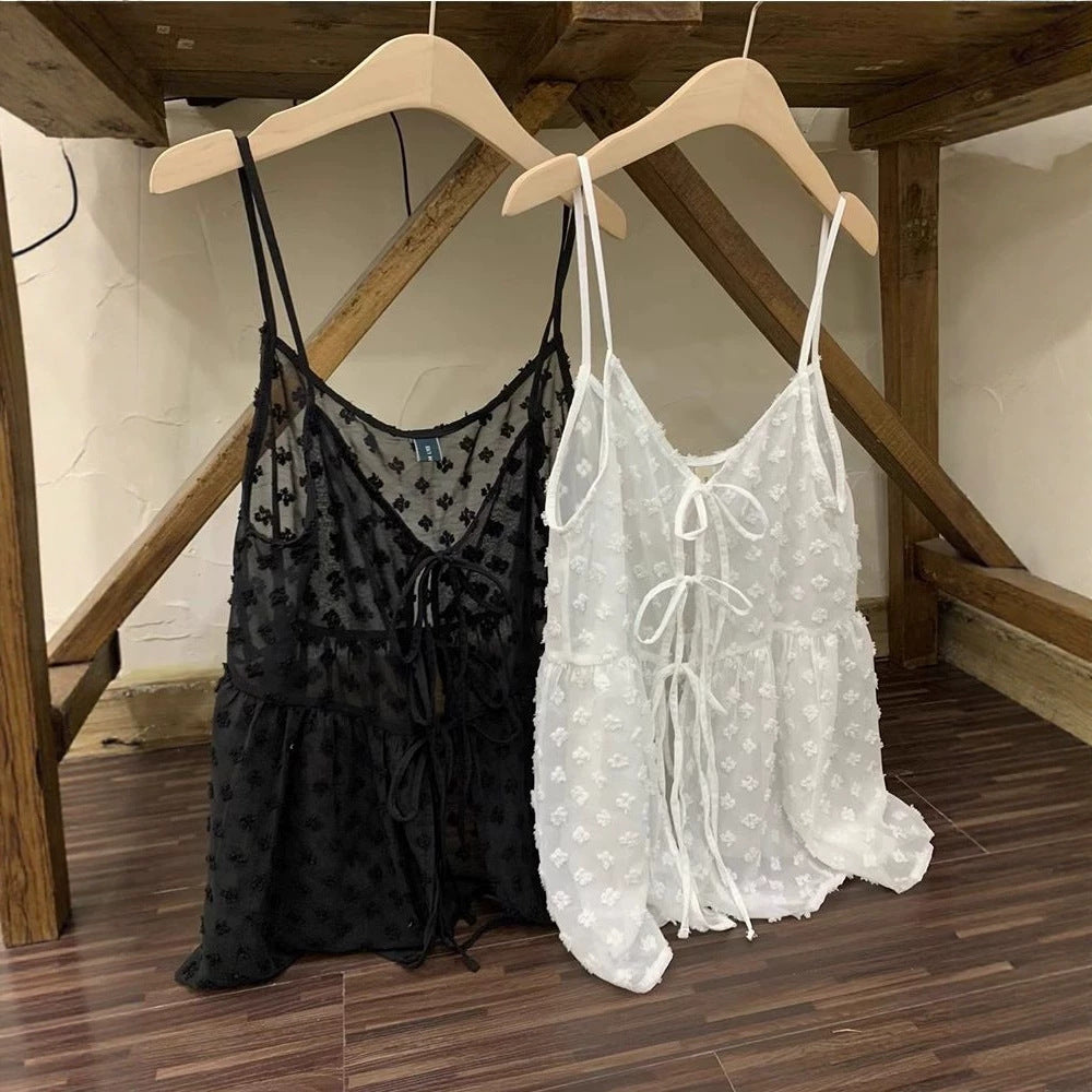 Korean Minority Simple Solid Color Small Flowers Stacked Through The Mesh Yarn With Thin Slings