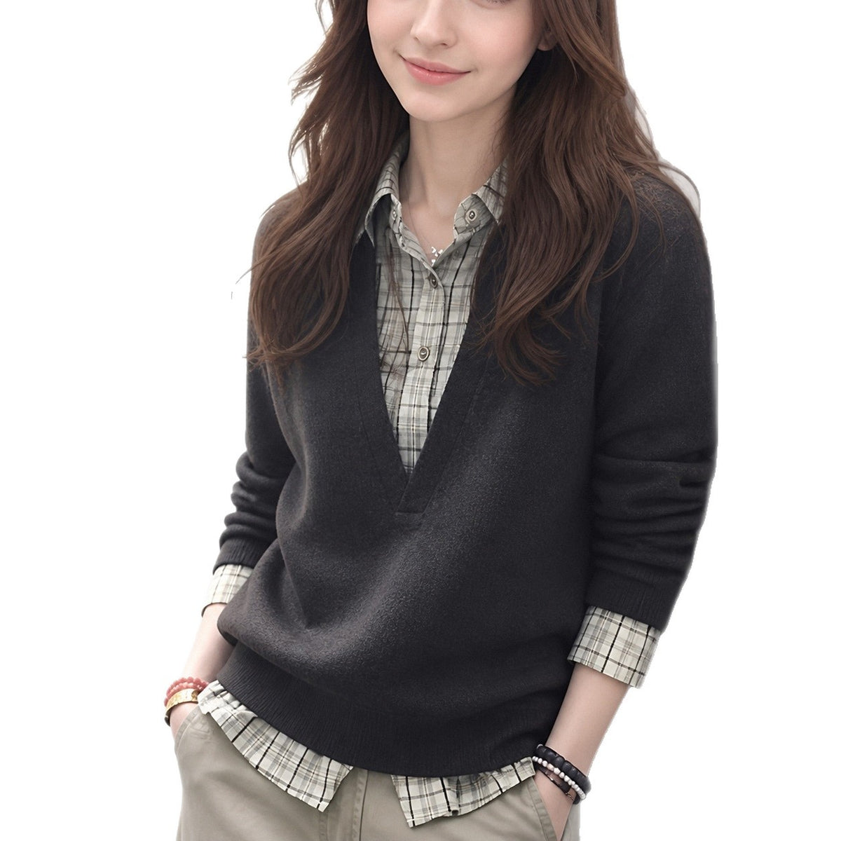 LEKA Collar Splicing Fake Two Knitted Top Women In Early Autumn Loose Leisure Lazy Wind Inside A Sweater