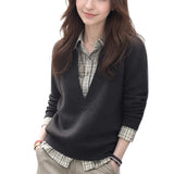 LEKA Collar Splicing Fake Two Knitted Top Women In Early Autumn Loose Leisure Lazy Wind Inside A Sweater