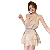 Summer Thousands Of Gold Sense Court Style Temperament Pure Desire Blouse Leaf Side Half Dress Two Suit Dress Woman