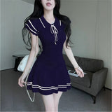 Korean Academy Style Short-Sleeved Knitted Polo Dress Girl Summer Repair Bow Bow Waist A Short Skirt