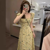 2025 Cherry Grass Yellow Summer Flower Thin High French Style Collar Small Flying Sleeve Temperament Gentle Broken Flower Long Dress
