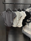 Ins Hot Girls Pure Want To Close Waist Small Flying Sleeve Girl T-Shirt Short-Sleeved Tops New Solid Color Bottom Body-Repair Women's Tide