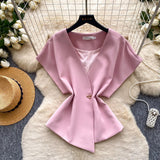 Korean Version Of The Commuter Style V Collar Short Sleeve Loose Shirt Women's Summer Design Sense Of Irregular Cardigan Temperament Tops Niche
