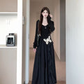 2025 Autumn Dress New Long-Sleeved Irregular Butterfly Small Black Dress Early Autumn Wearing Elastic Waist Dress