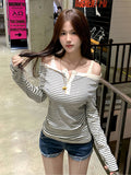 2026 Spring And Autumn Pop Hottie Open Shoulder Collar Style Long-Sleeved Striped Blouse Heart Loose Thin T-Shirt Girl