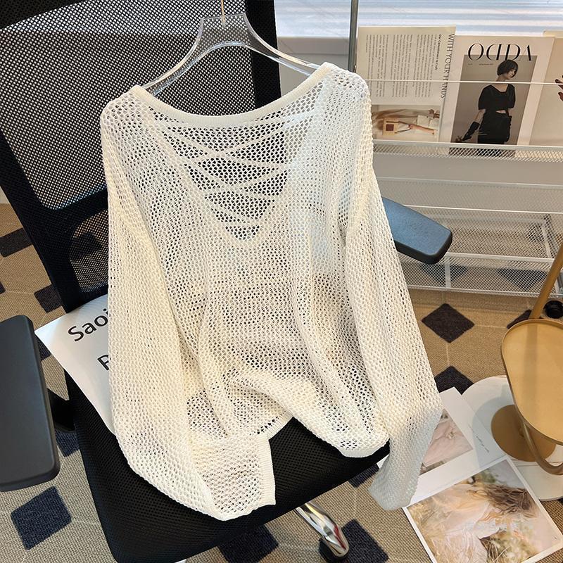 KANING Black And White Striped Hollow Ice Silk Knitted Women's Long Sleeves Loose Languid Hooded T-Shirt T-Shirt Babes Hollow Blouse