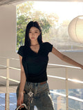 Ins Small Sexy Babes V-Neck Button Short-Sleeved T-Shirt Girl Xia Pure Desire To Practice Fashion Sister Bottom Top Woman T-Tide