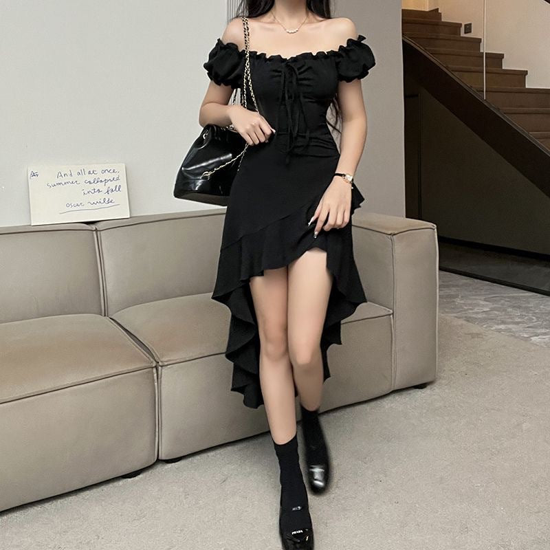 2026 Spring And Summer New Black Lotus Side Irregular Dress Women's Shoulder Shoulder Sexy Irregular Dress