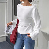 Sexy Ins Boat Tie With Horn Sleeve T-Shirt For Girls Spring And Autumn Waists Long Sleeves Bottom Women's Top