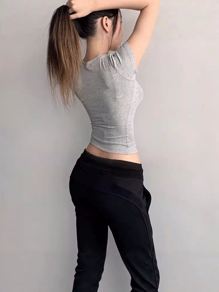 Ins Sexy Pure Desire Tight-Up Thread High-Bomb Short-Sleeved Women T-Shirts With Round Body Collar Solid-Color Bottom Top Women