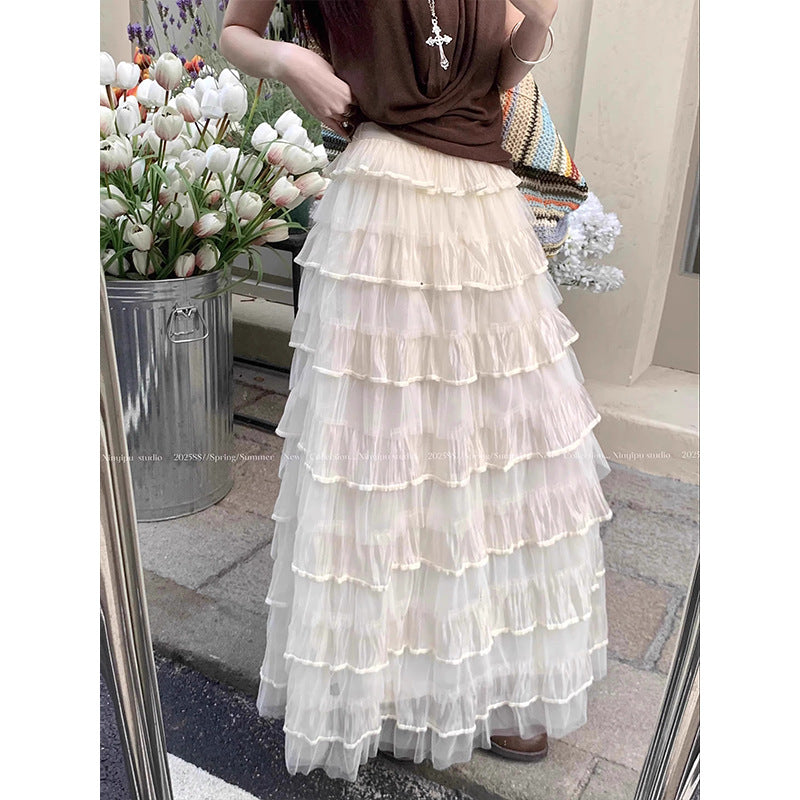 [Original Practice] Korean Court Style Rice Apricot Silk Velvet Cake Layer Unkempt Net Yarn Half Skirt