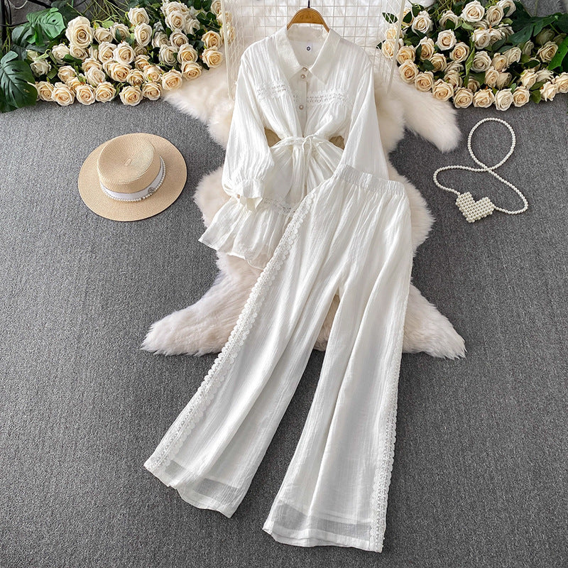Gentle-Wind Pink Lace Spliced Lap-Over Shirt Long-Lens Waist Coat Two Sets Of High-Rise Thin Leg Pants