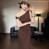 Temperament Famous æ·ç Folds To Close The Waist And Collared Shoulders Dress Women's New Summer Slimming And Hips Long Skirt
