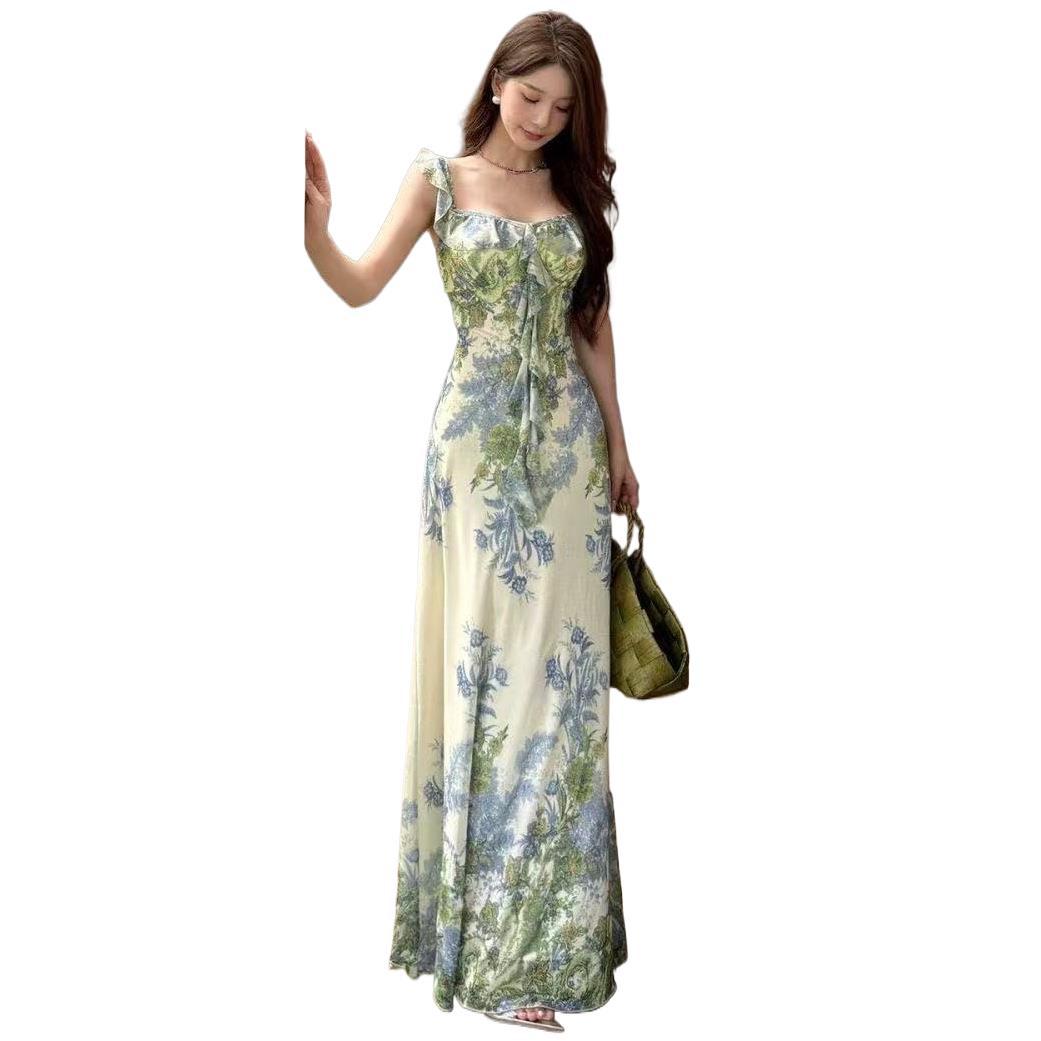 New Sensing Fengfeng High-Sensing Printed Flying Sleeve Dresses Women's Summer Bags And Buses Long Dresses