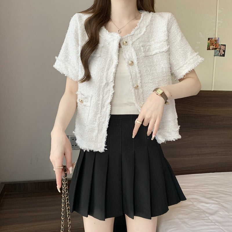 Temperament Short-Sized Fragrant Coat Summer New Coarse Flowers Tidly Short-Sleeved Top Woman