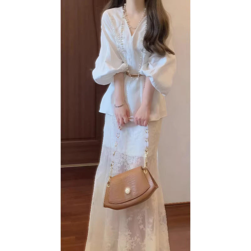2025 Autumn Retro New Chinese Style Giant V-Neck Lantern Sleeve Top & Net Yarn Fishtail Skirt Suit