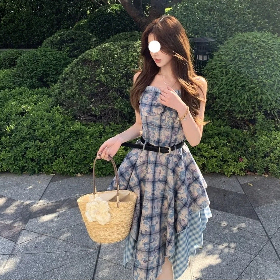 Blue Tie-Dye Splicing Lattice Sling Dress Femininity Summer Temperament Holiday Style Thin Irregular Long Skirt