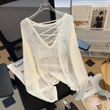 KANING Black And White Striped Hollow Ice Silk Knitted Women's Long Sleeves Loose Languid Hooded T-Shirt T-Shirt Babes Hollow Blouse