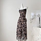 Vintage Dizzling Ink Lace Side Sling Skirt Shawl Set New Lightly Fashionable French Dress Summer