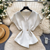 Korean Version Of The Commuter Style V Collar Short Sleeve Loose Shirt Women's Summer Design Sense Of Irregular Cardigan Temperament Tops Niche