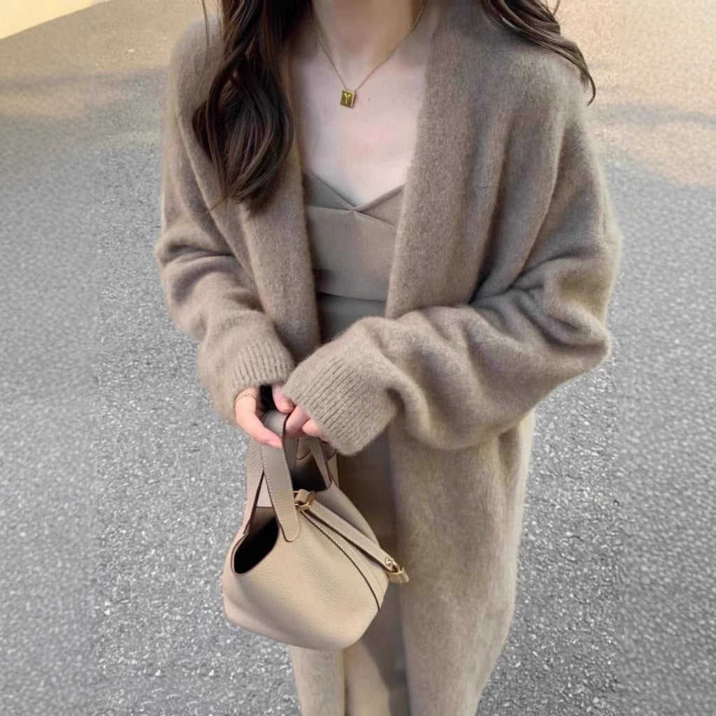 KANING Gray Long Over-Knee Sweater Jacket Woman 2026 Autumn Lazy Wind Thin Knitted Cardigan
