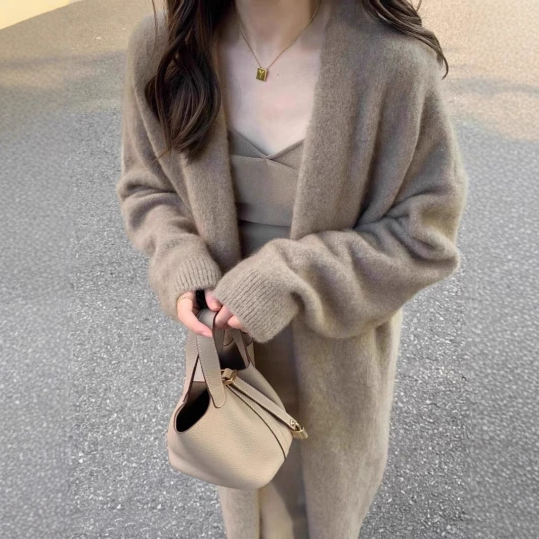 KANING Gray Long Over-Knee Sweater Jacket Woman 2026 Autumn Lazy Wind Thin Knitted Cardigan