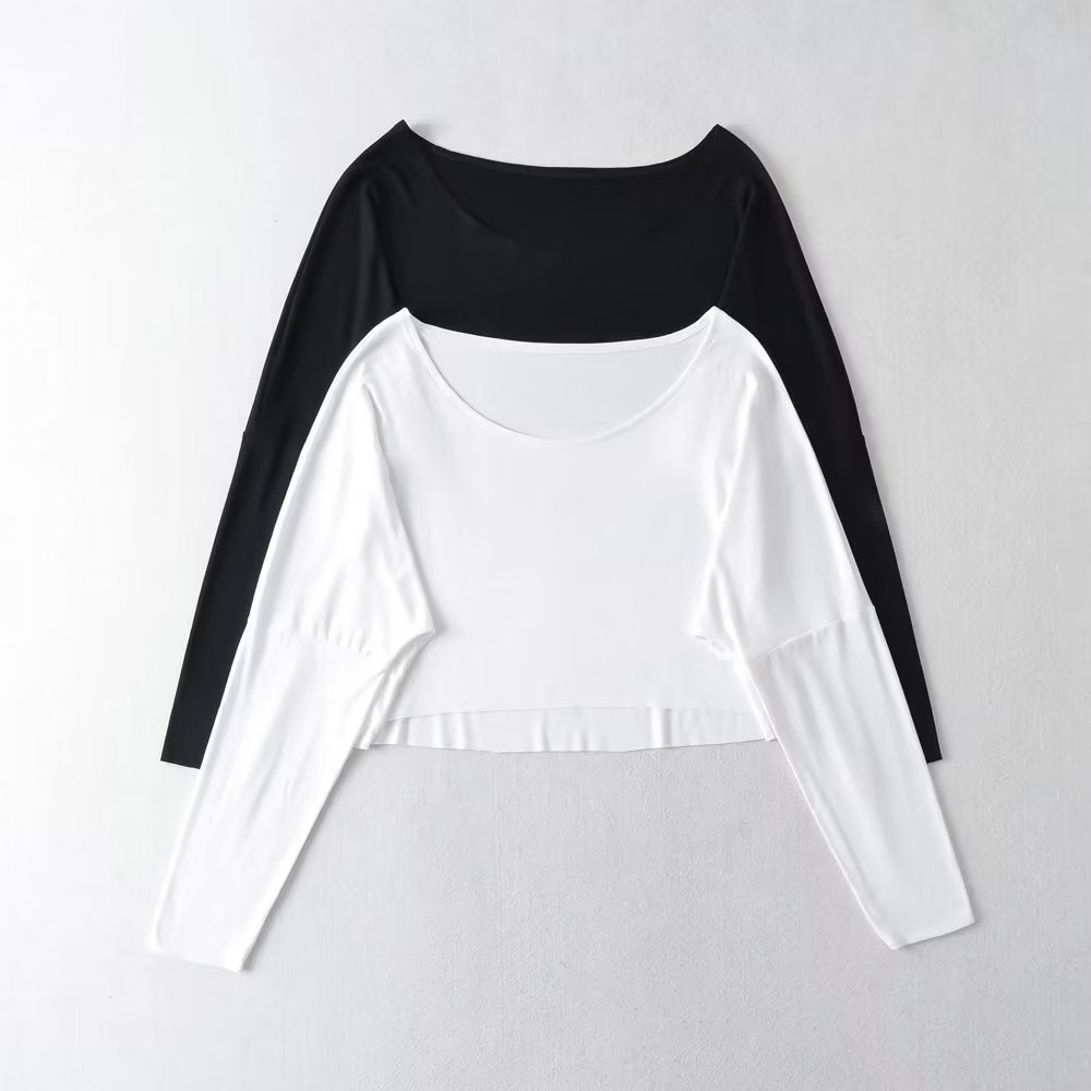 Dancing Short Hooded Shirt Loose Shoulder Collar Collar Solid Color Loose Long-Sleeved T-Shirt