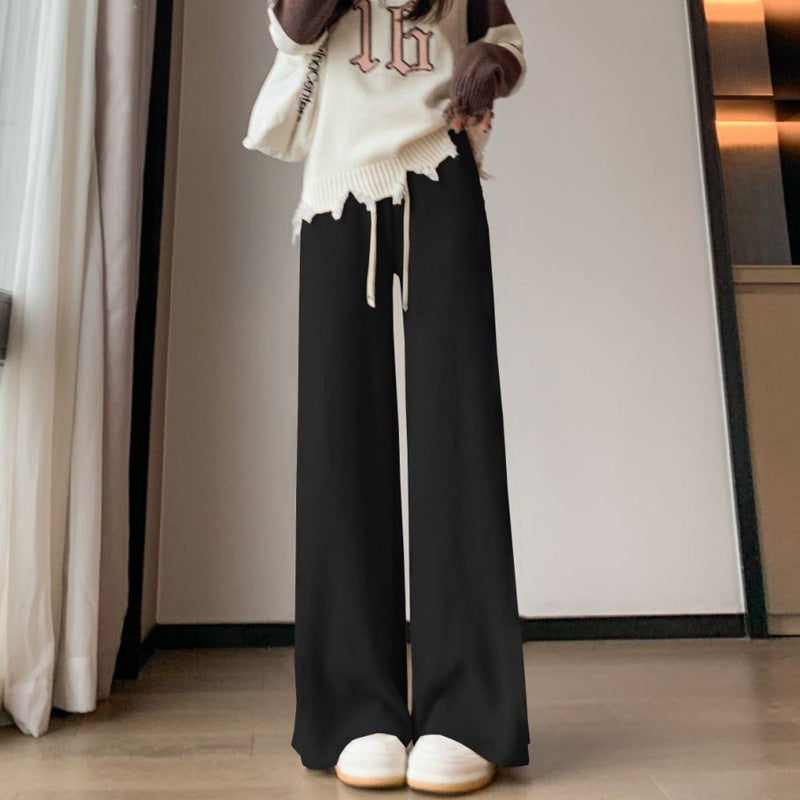 Design Sense Side Pressure Folding Pit Strip Knitted Broad Leg Pants Women Autumn And Winter Thick Hanging Feeling Loose Thin Tug Leisure Pants