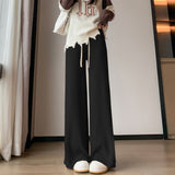 Design Sense Side Pressure Folding Pit Strip Knitted Broad Leg Pants Women Autumn And Winter Thick Hanging Feeling Loose Thin Tug Leisure Pants