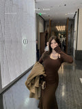 Hanging Neck Thin Dress Girl Spring And Autumn Long Sleeves To Repair The Skirt Temperament Tight-But Hip Fishtail Long Dress Outlet