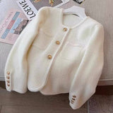 French Small Fragrant Wind Gold Buckle White Marinade Knitted Cardigan Women Autumn Soft Glutinous Sweater Coat Coat Winter