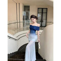 Blue Gradient Folding Boobs Dress Long High-End Feel Holiday Wind To Pack Hip Fishtail Skirt Woman Summer