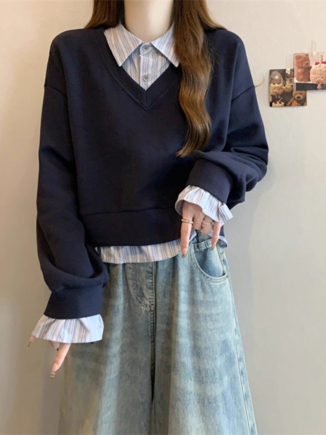 Shirt Splicing Fake Two Women's Spring And Autumn Large-Size Micro-Fat Mm Thin Short College Style Polo Collar Top