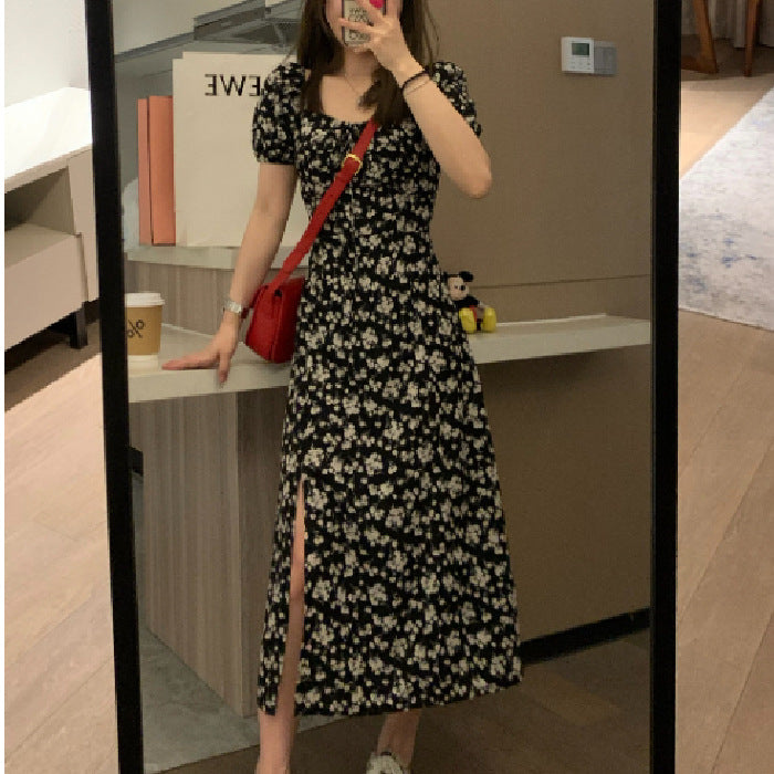 2025 New Veee Romantic Night Rose Black Fragum Bubble Sleeves French-Collared Open Skirt