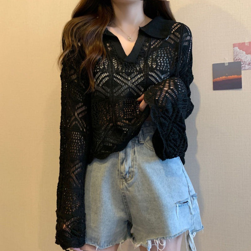 Kaning Hollow Design Hooded Long-Sleeved Knitted Shirt 2026 Autumn And Summer New Horn Sleeve Hottie Top Girl