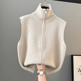 High-Collar Zipper Knitted Vest Vest Women 2025 Spring And Autumn Winter New Loose Folded Horse Clip Sweater Shoulder