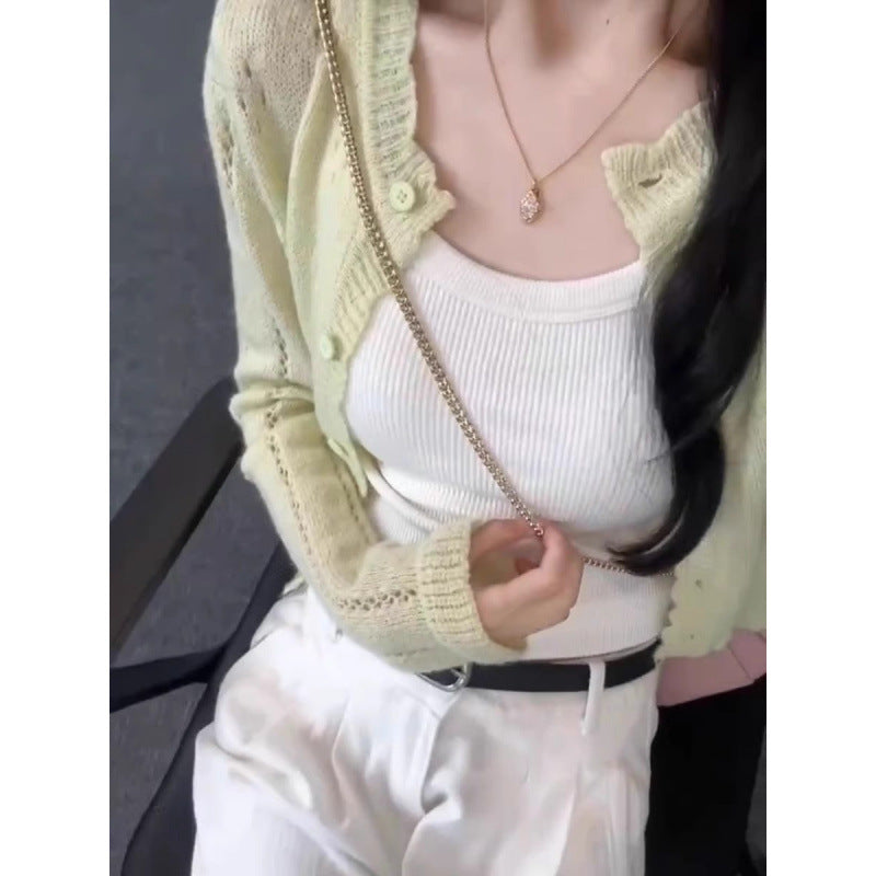 KANING Autumn New Green Hollow Short Knitted Cardigan Women 2026 Autumn Dress Small Outside Sun Protection Shirt