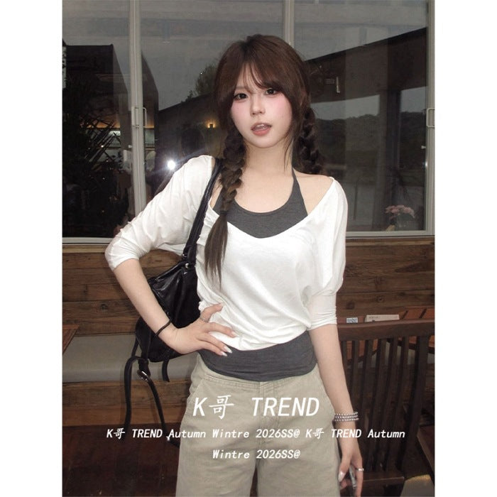 [People's Cotton] Han Really Two Pieces Wearing V-Neck Middle Sleeve T-Shirts For Summer Hottie Vests