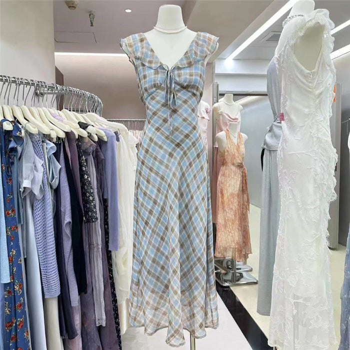 2025 New Summer French Elegant Temperament Gentle Lotus Leaf Side Check Dress Women Summer Slim Down Age Dress