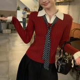 KANING Collisory Stitching Two Knitted Shirts 2026 Autumn And Winter New Polo Silk Scarf With Sweater Top
