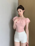 T-Shirt Girl Korean Gentle Wind Lotus Leaf Side Shoulder Short Sleeve Summer New Temperament Waist Solid Color Short Shirt